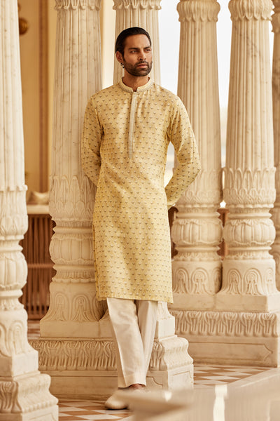 Anita Dongre Menswear Bourag Silk Kurta Yellow indian designer wear online shopping melange singapore