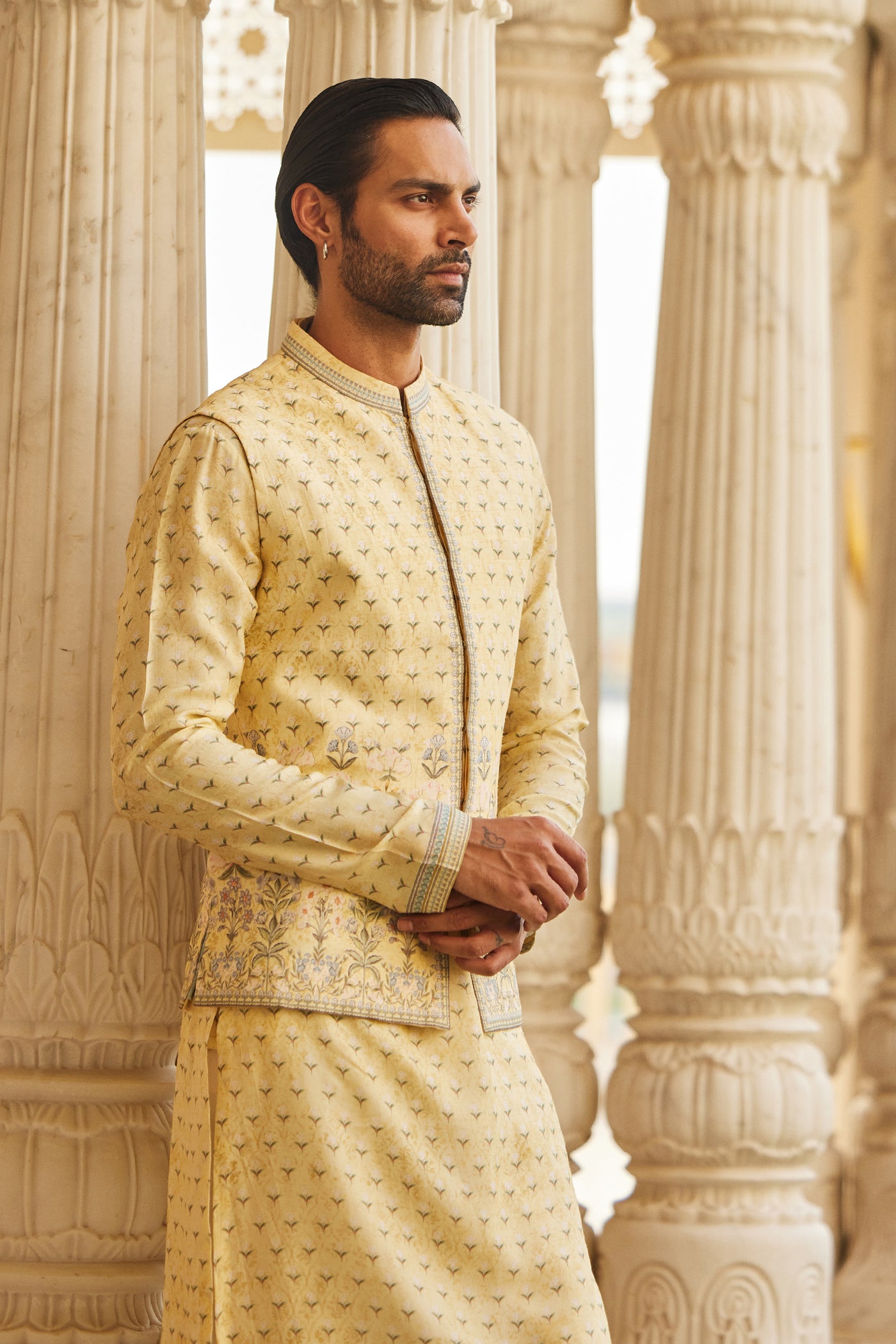 Anita Dongre Menswear Bourag Silk Nehru Jacket Yellow indian designer wear online shopping melange singapore