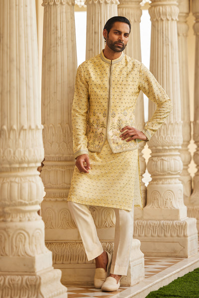Anita Dongre Menswear Bourag Silk Nehru Jacket Yellow indian designer wear online shopping melange singapore