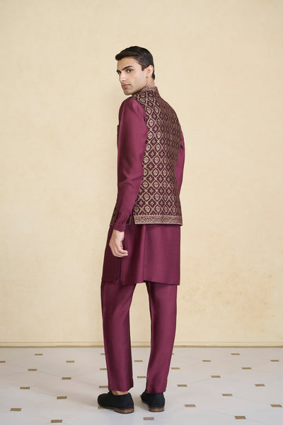 Anita Dongre Menswear Davin Handwoven Benarasi Nehru Jacket Plum indian designer wear online shopping melange singapore