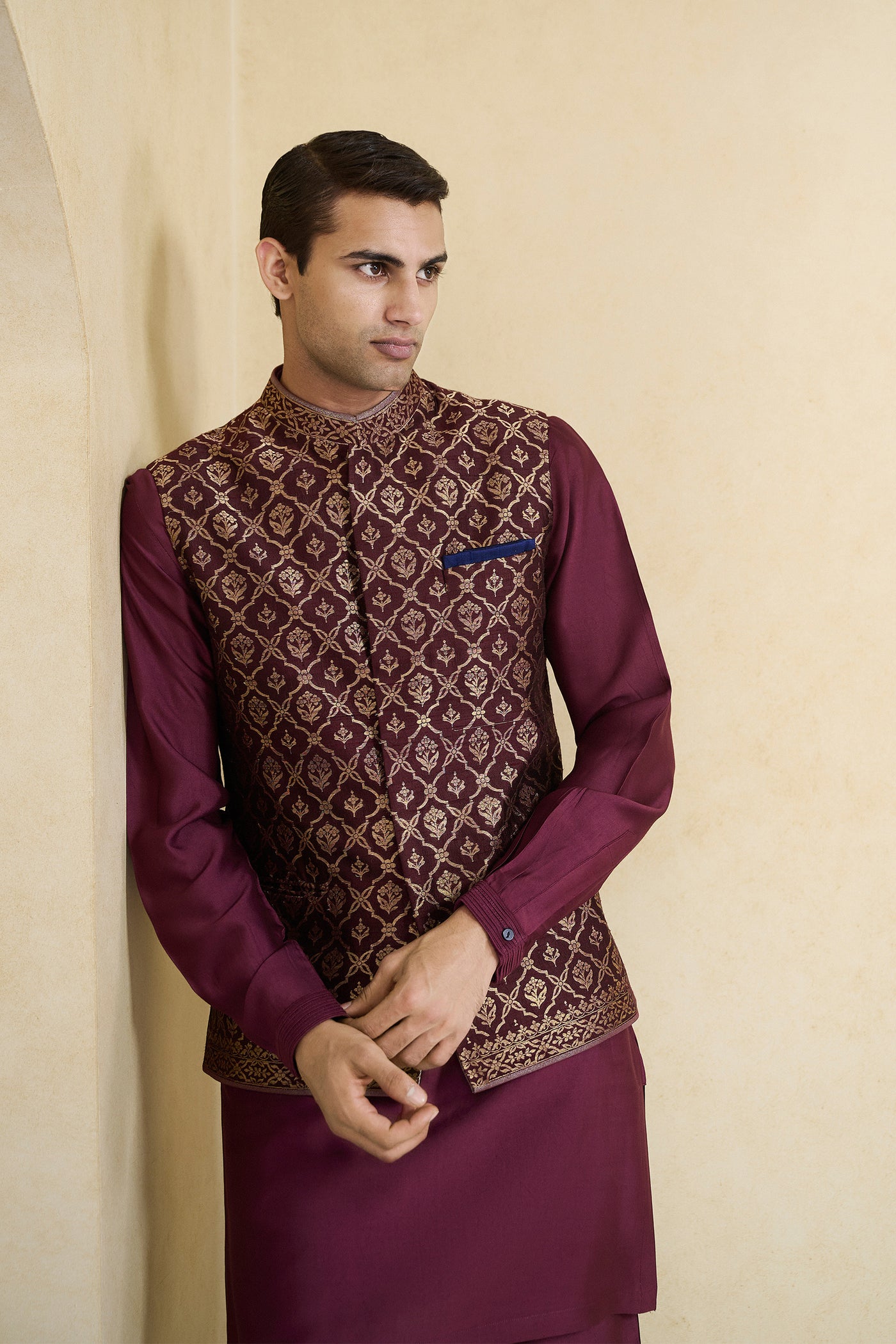 Davin Handwoven Benarasi Nehru Jacket Plum