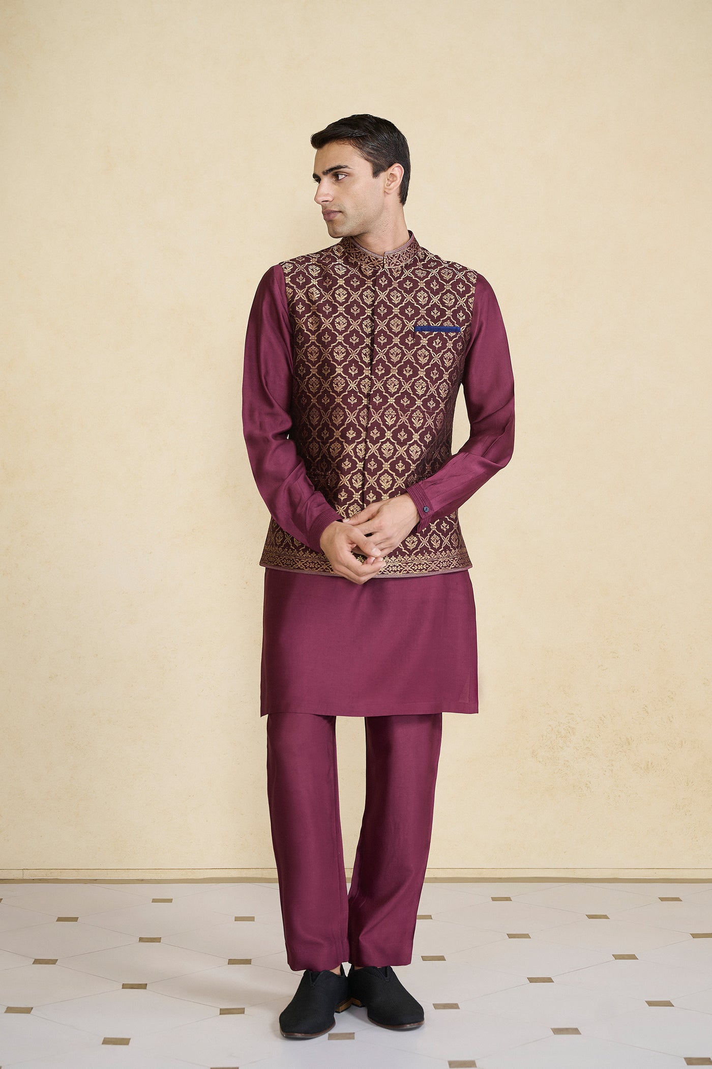 Anita Dongre Menswear Davin Handwoven Benarasi Nehru Jacket Plum indian designer wear online shopping melange singapore