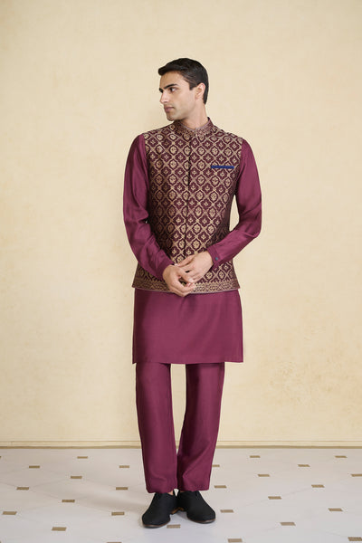 Anita Dongre Menswear Davin Handwoven Benarasi Nehru Jacket Plum indian designer wear online shopping melange singapore