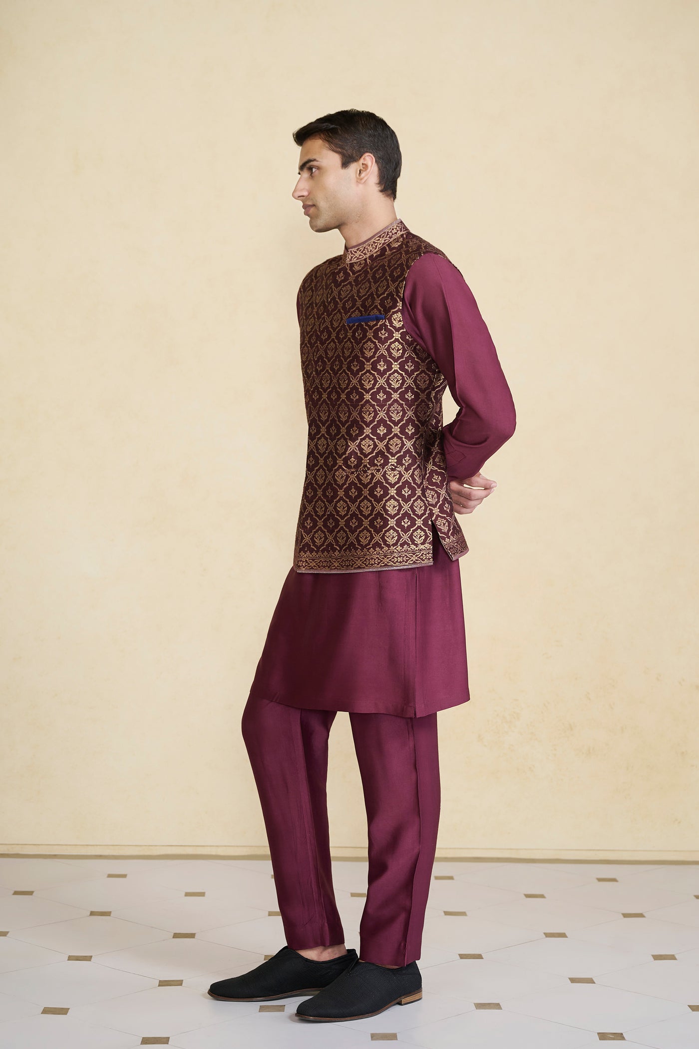 Anita Dongre Menswear Davin Handwoven Benarasi Nehru Jacket Plum indian designer wear online shopping melange singapore