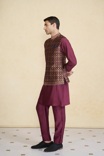 Anita Dongre Menswear Davin Handwoven Benarasi Nehru Jacket Plum indian designer wear online shopping melange singapore