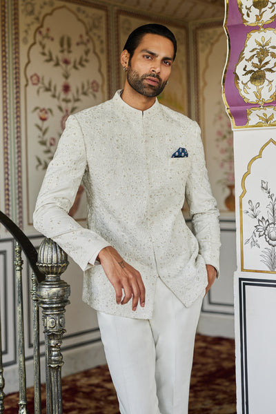 Anita Dongre Menswear Dhven Embroidered Silk Bandhgala Cream indian designer wear online shopping melange singapore