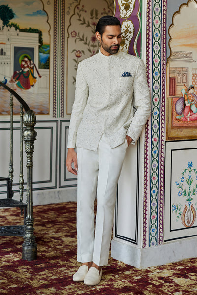Anita Dongre Menswear Dhven Embroidered Silk Bandhgala Cream indian designer wear online shopping melange singapore