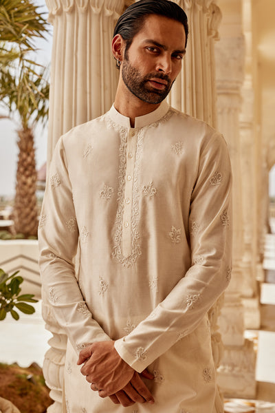Anita Dongre Menswear Ekaj Embroidered Silk Kurta Ivory indian designer wear online shopping melange singapore
