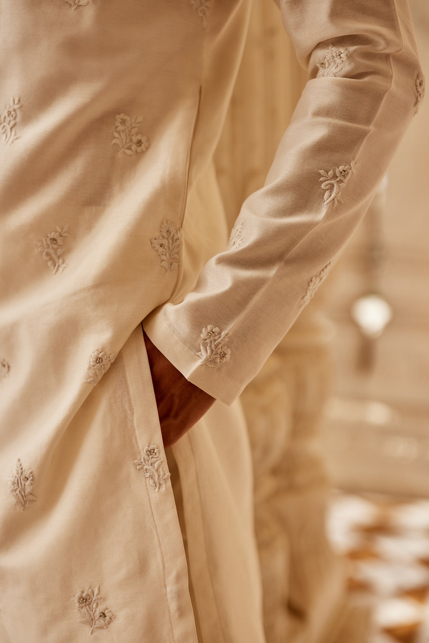 Anita Dongre Menswear Ekaj Embroidered Silk Kurta Ivory indian designer wear online shopping melange singapore
