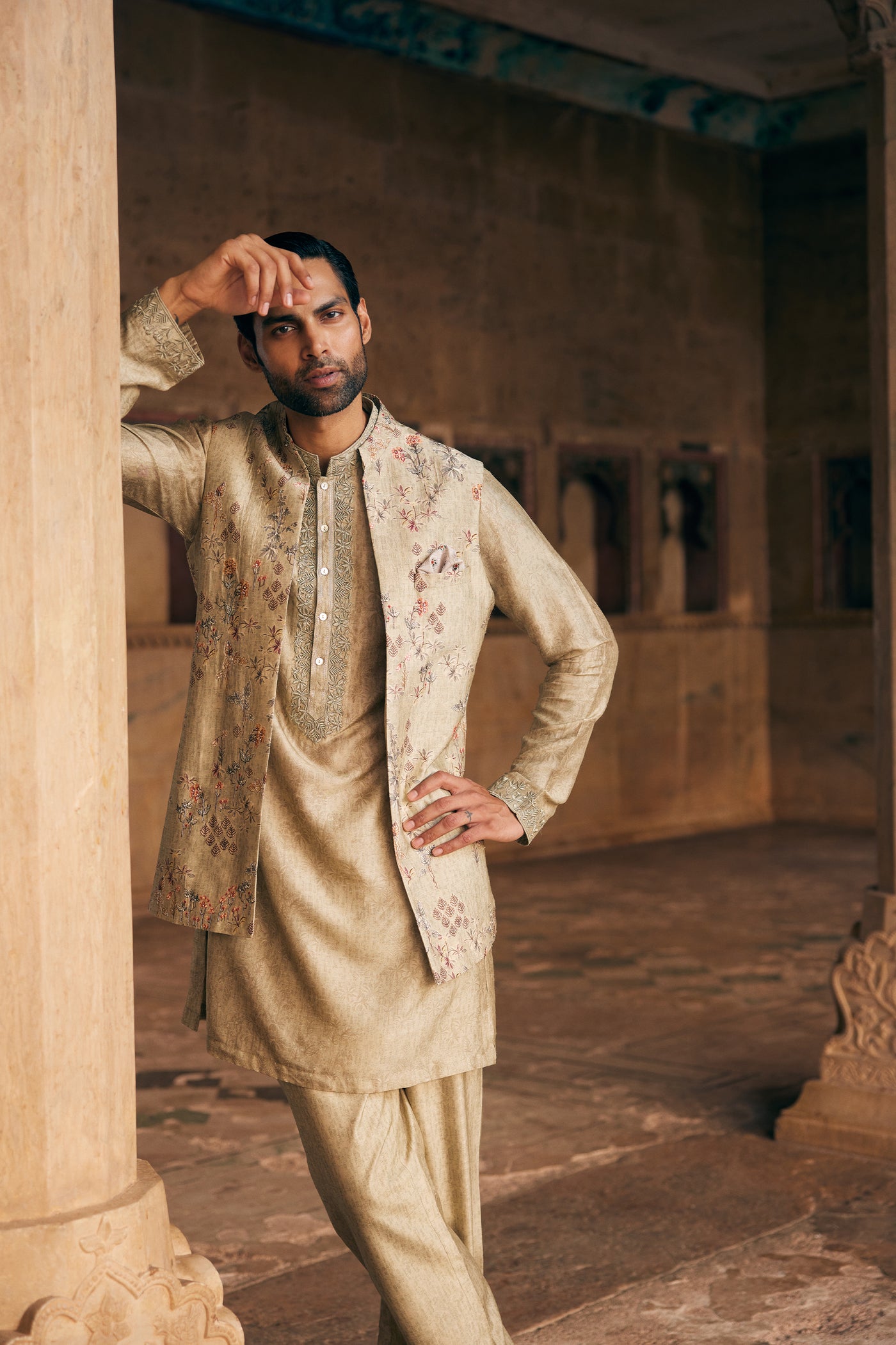 Anita Dongre Menswear Hemil Printed Silk Nehru Jacket Sage indian designer wear online shopping melange singapore
