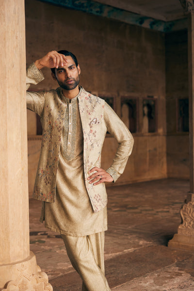 Anita Dongre Menswear Hemil Printed Silk Nehru Jacket Sage indian designer wear online shopping melange singapore
