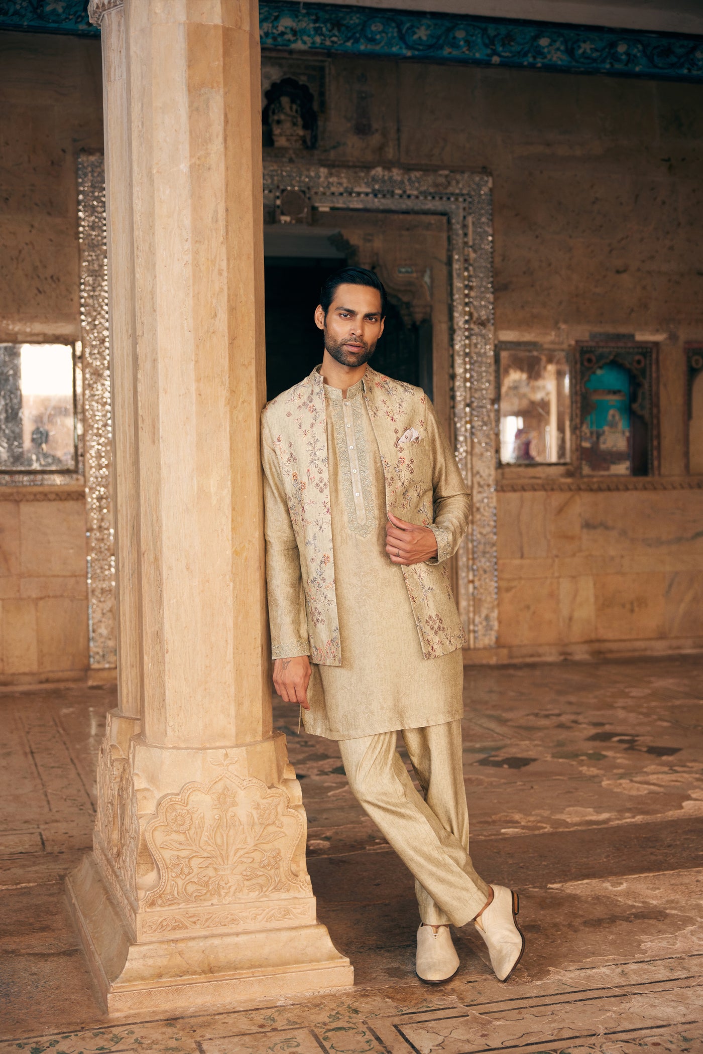 Anita Dongre Menswear Hemil Printed Silk Nehru Jacket Sage indian designer wear online shopping melange singapore
