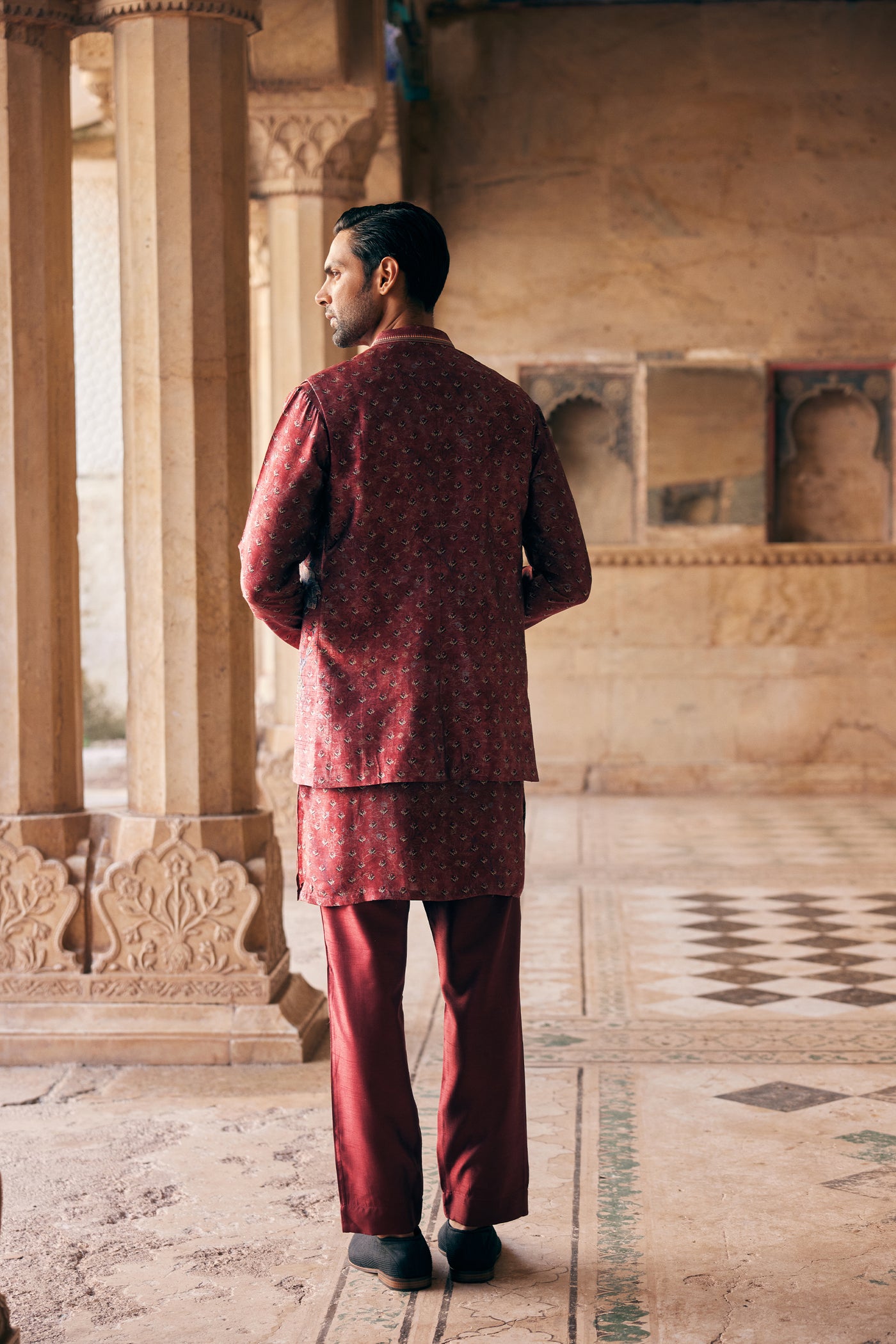 Anita Dongre Menswear Humair Printed Silk Nehru Jacket Maroon indian designer wear online shopping melange singapore