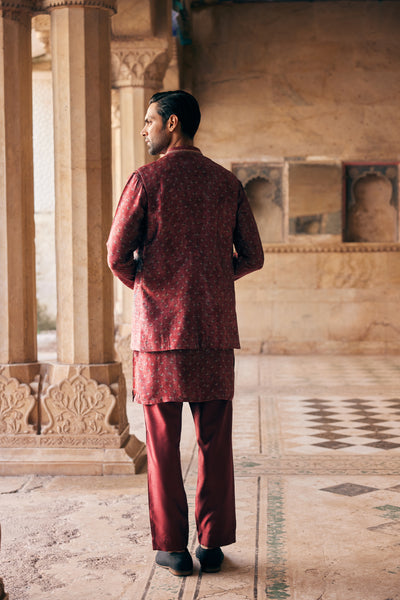 Anita Dongre Menswear Humair Printed Silk Nehru Jacket Maroon indian designer wear online shopping melange singapore