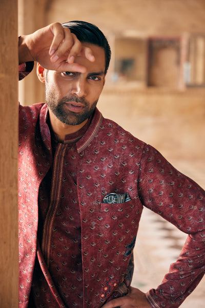 Anita Dongre Menswear Humair Printed Silk Nehru Jacket Maroon indian designer wear online shopping melange singapore