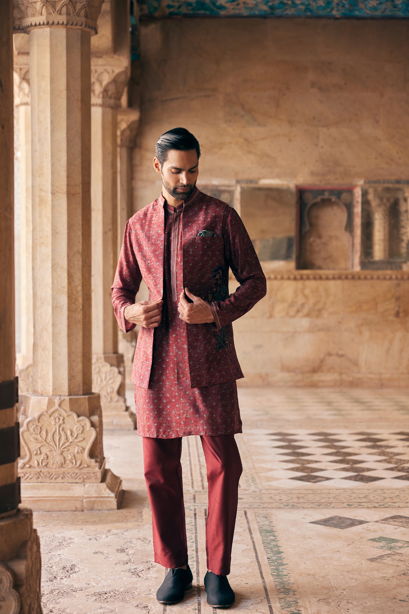 Anita Dongre Menswear Humair Printed Silk Nehru Jacket Maroon indian designer wear online shopping melange singapore