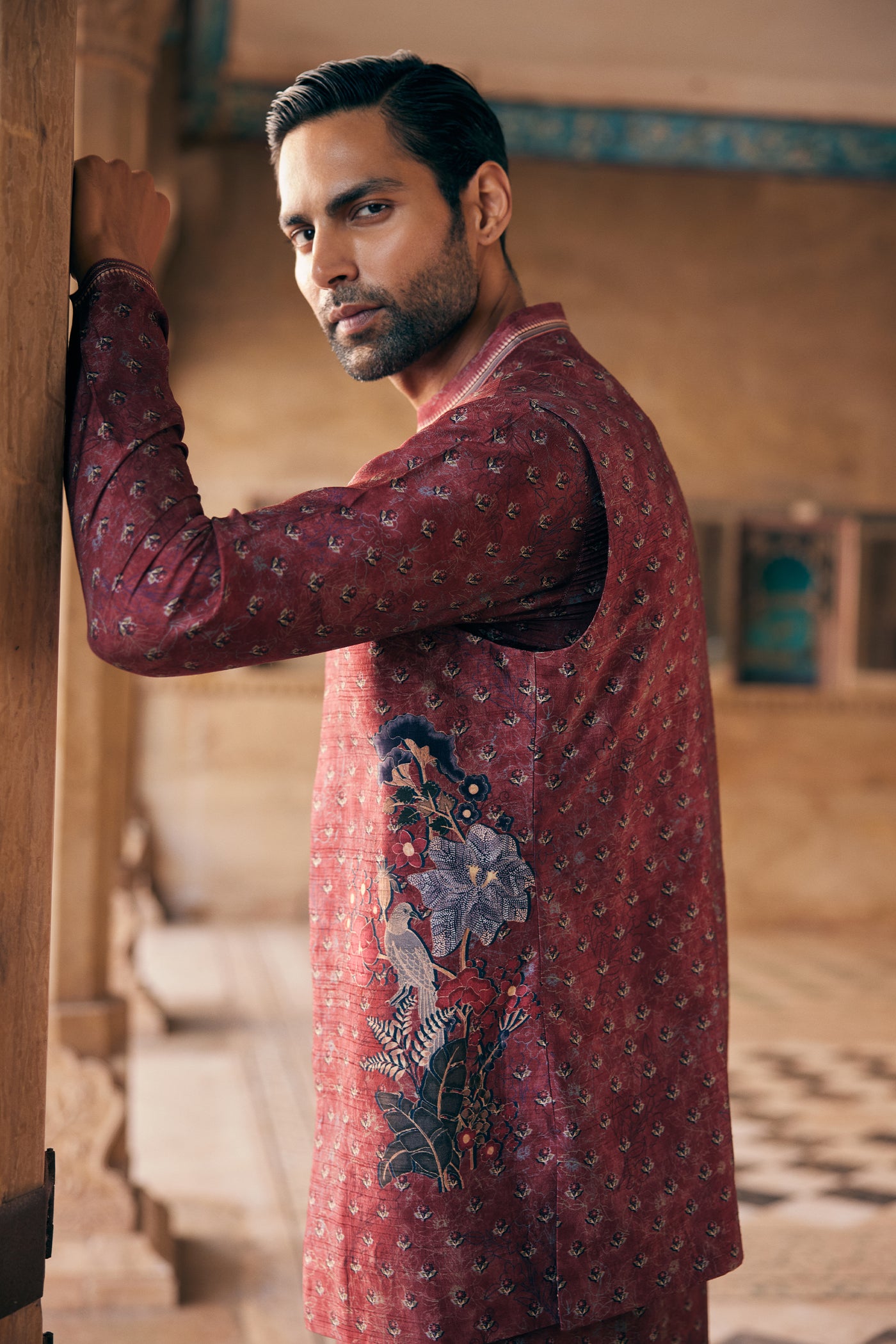 Anita Dongre Menswear Humair Printed Silk Nehru Jacket Maroon indian designer wear online shopping melange singapore