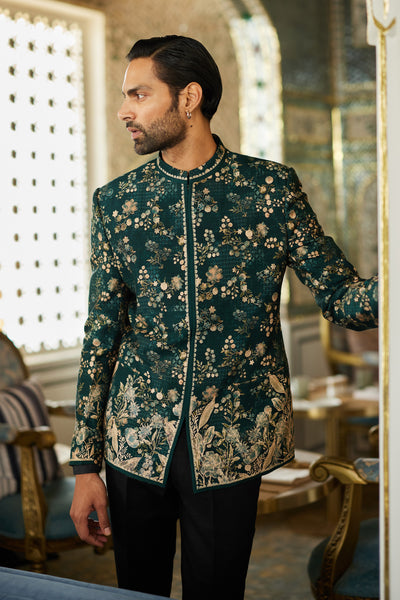 Anita Dongre Menswear Javin Silk Bandhgala Green indian designer wear online shopping melange singapore