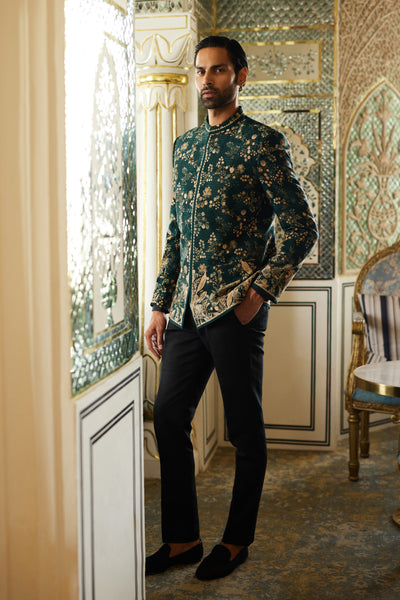 Anita Dongre Menswear Javin Silk Bandhgala Green indian designer wear online shopping melange singapore