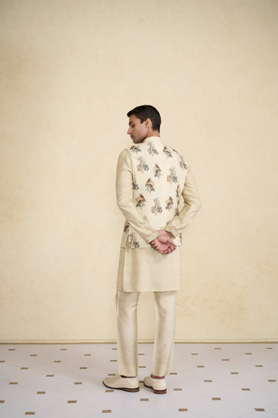 Anita Dongre Menswear Krushan Printed Silk Nehru Jacket Beige indian designer wear online shopping melange singapore