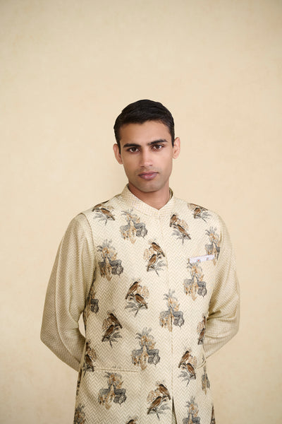 Anita Dongre Menswear Krushan Printed Silk Nehru Jacket Beige indian designer wear online shopping melange singapore