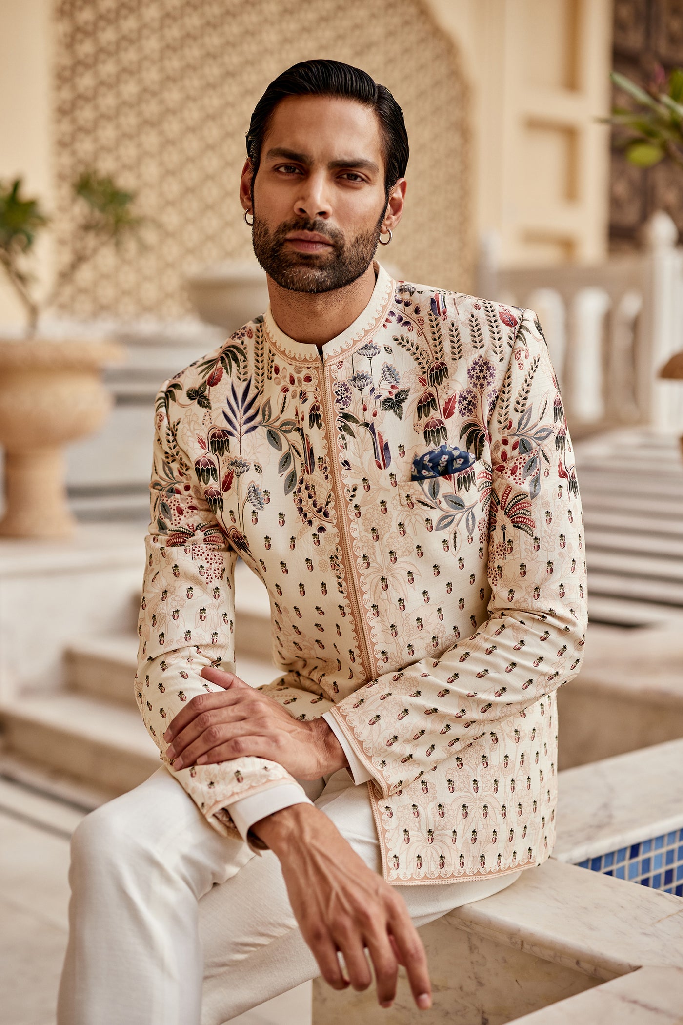 Anita Dongre Menswear Raahil Silk Bandhgala Ivory indian designer wear online shopping melange singapore