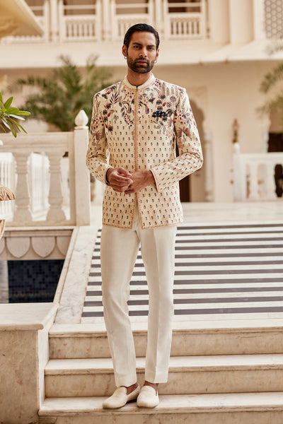 Anita Dongre Menswear Raahil Silk Bandhgala Ivory indian designer wear online shopping melange singapore