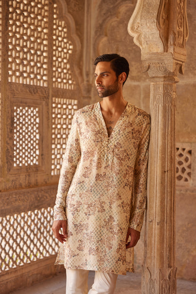 Anita Dongre Menswear Rukham Printed Silk Kurta Ivory indian designer wear online shopping melange singapore