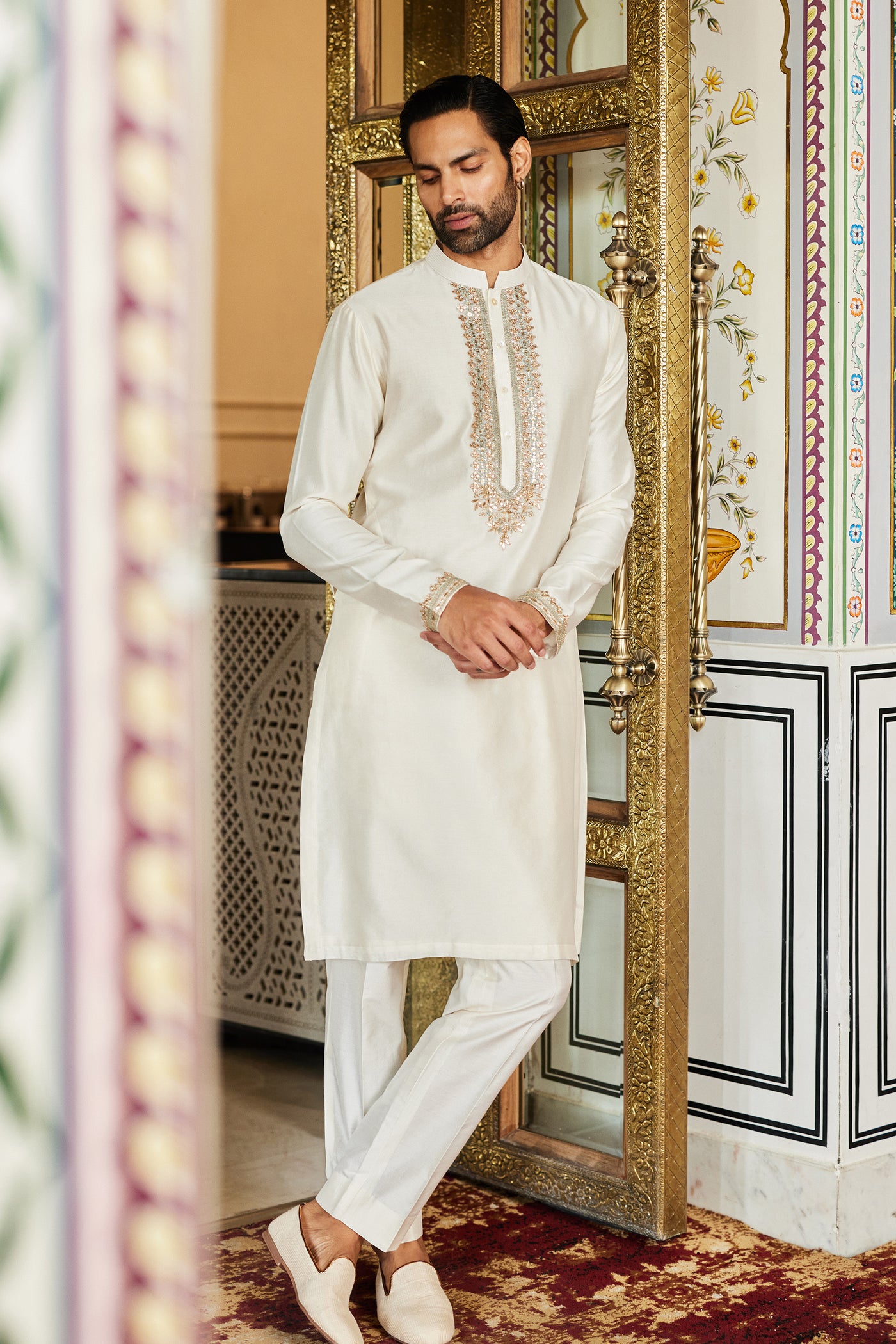 Anita Dongre Menswear Saaket Gota Patti Silk Kurta Ivory indian designer wear online shopping melange singapore