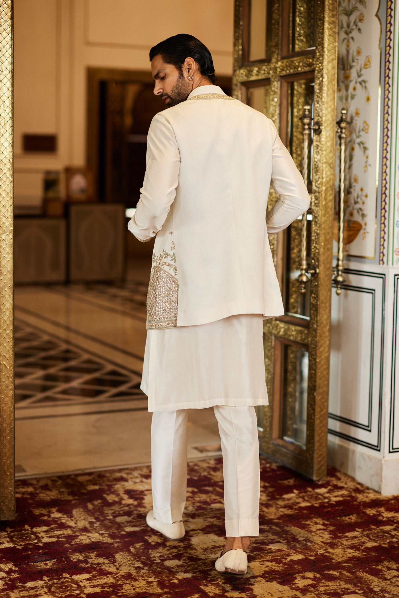Anita Dongre Menswear Saaket Gota Patti Silk Nehru Jacket Ivory indian designer wear online shopping melange singapore