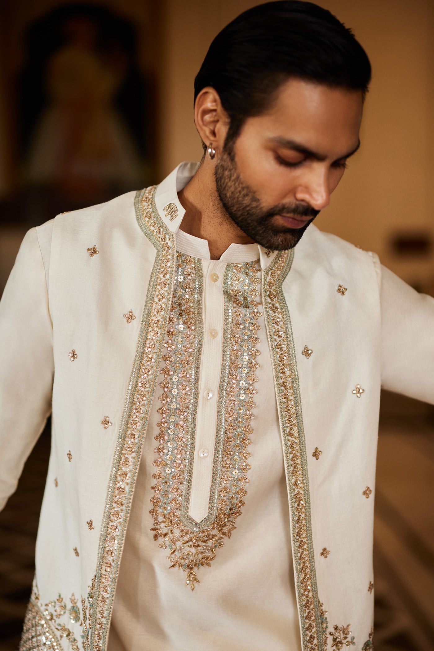Anita Dongre Menswear Saaket Gota Patti Silk Nehru Jacket Ivory indian designer wear online shopping melange singapore