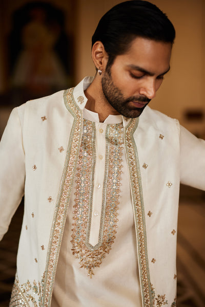 Anita Dongre Menswear Saaket Gota Patti Silk Nehru Jacket Ivory indian designer wear online shopping melange singapore