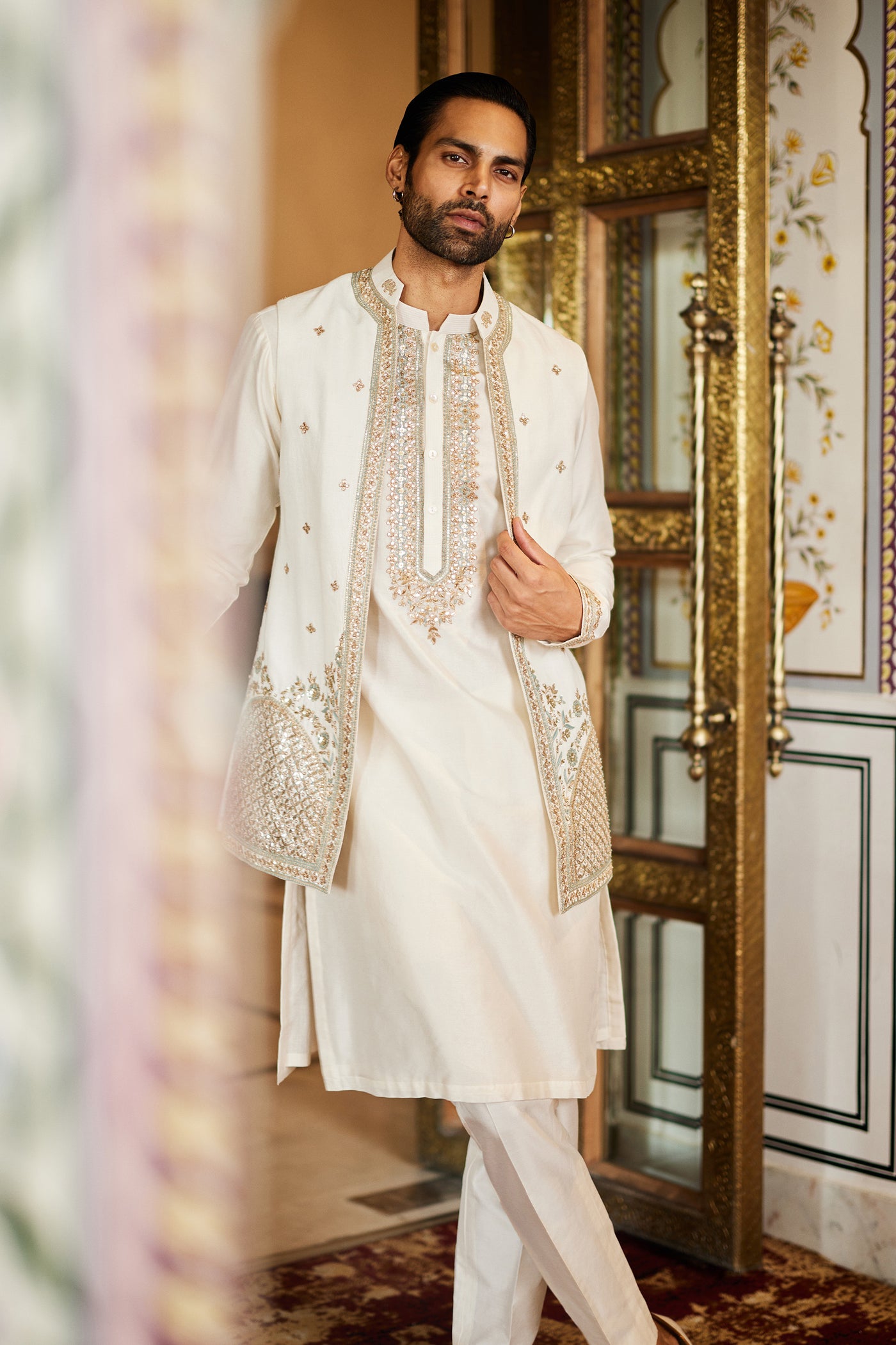 Anita Dongre Menswear Saaket Gota Patti Silk Nehru Jacket Ivory indian designer wear online shopping melange singapore