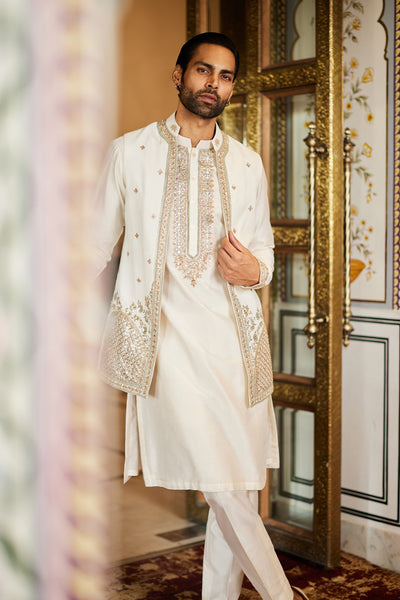 Anita Dongre Menswear Saaket Gota Patti Silk Nehru Jacket Ivory indian designer wear online shopping melange singapore