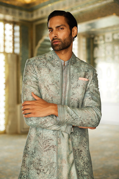
Anita Dongre Menswear Sharv Silk Sherwani Blue indian designer wear online shopping melange singapore

