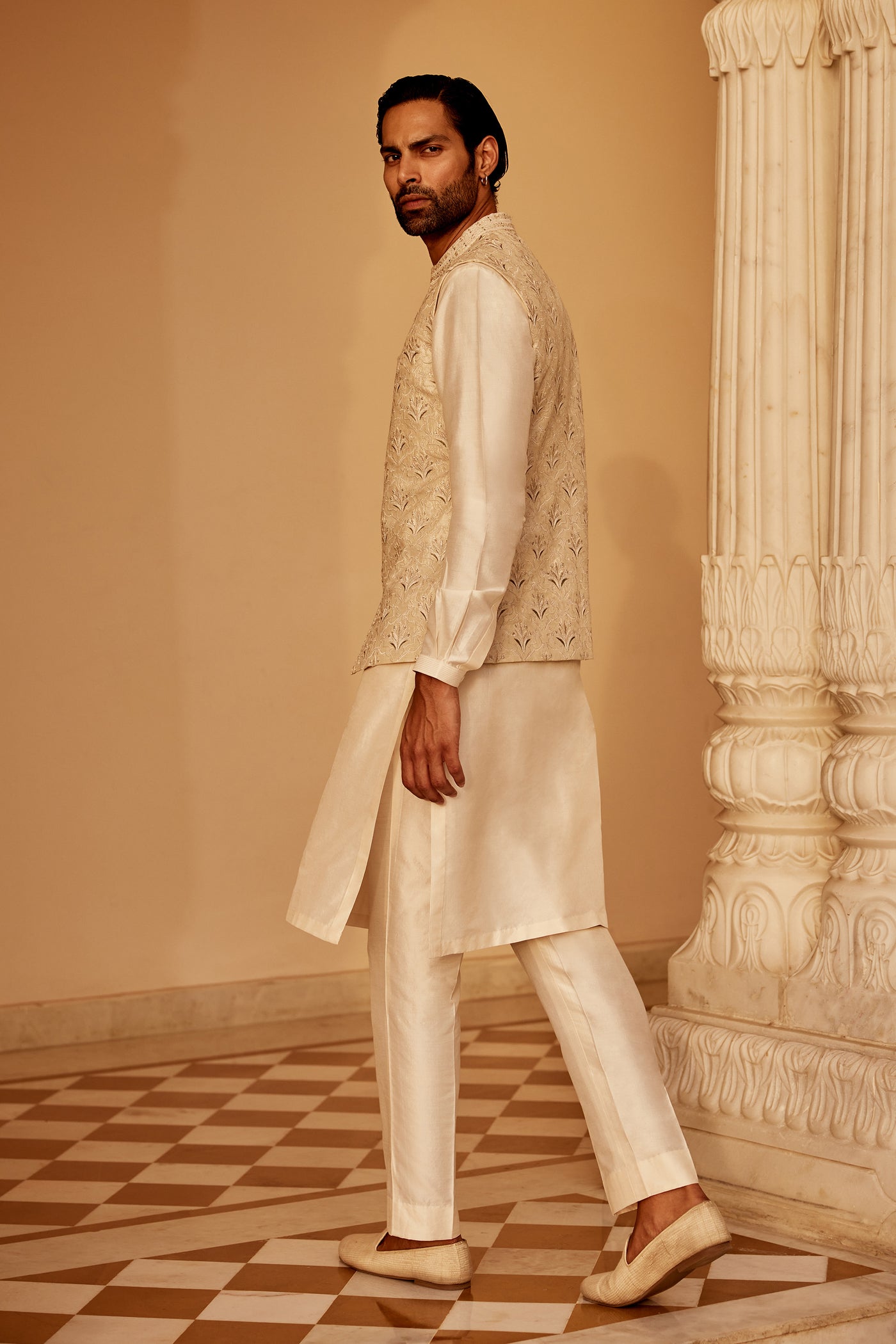 Anita Dongre Menswear Surjit Embroidered Silk Nehru Jacket Ivory indian designer wear online shopping melange singapore