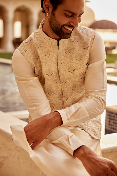 Anita Dongre Menswear Surjit Embroidered Silk Nehru Jacket Ivory indian designer wear online shopping melange singapore