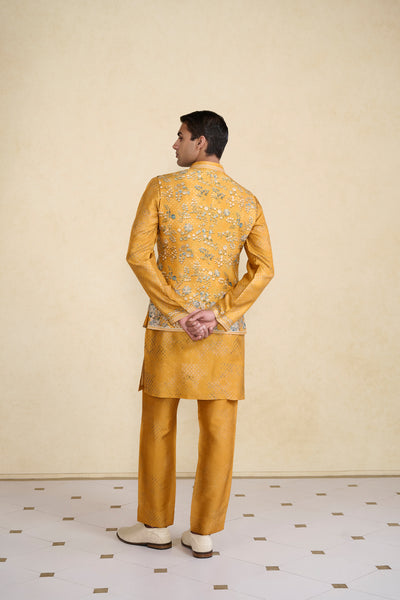 Anita Dongre Menswear Zarghun Printed Silk Nehru Jacket Mustard indian designer wear online shopping melange singapore