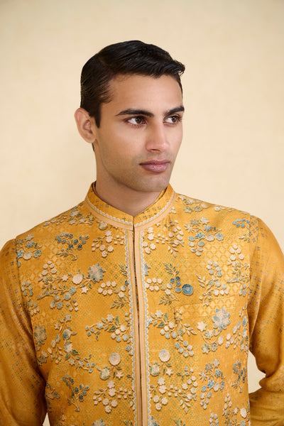 Anita Dongre Menswear Zarghun Printed Silk Nehru Jacket Mustard indian designer wear online shopping melange singapore