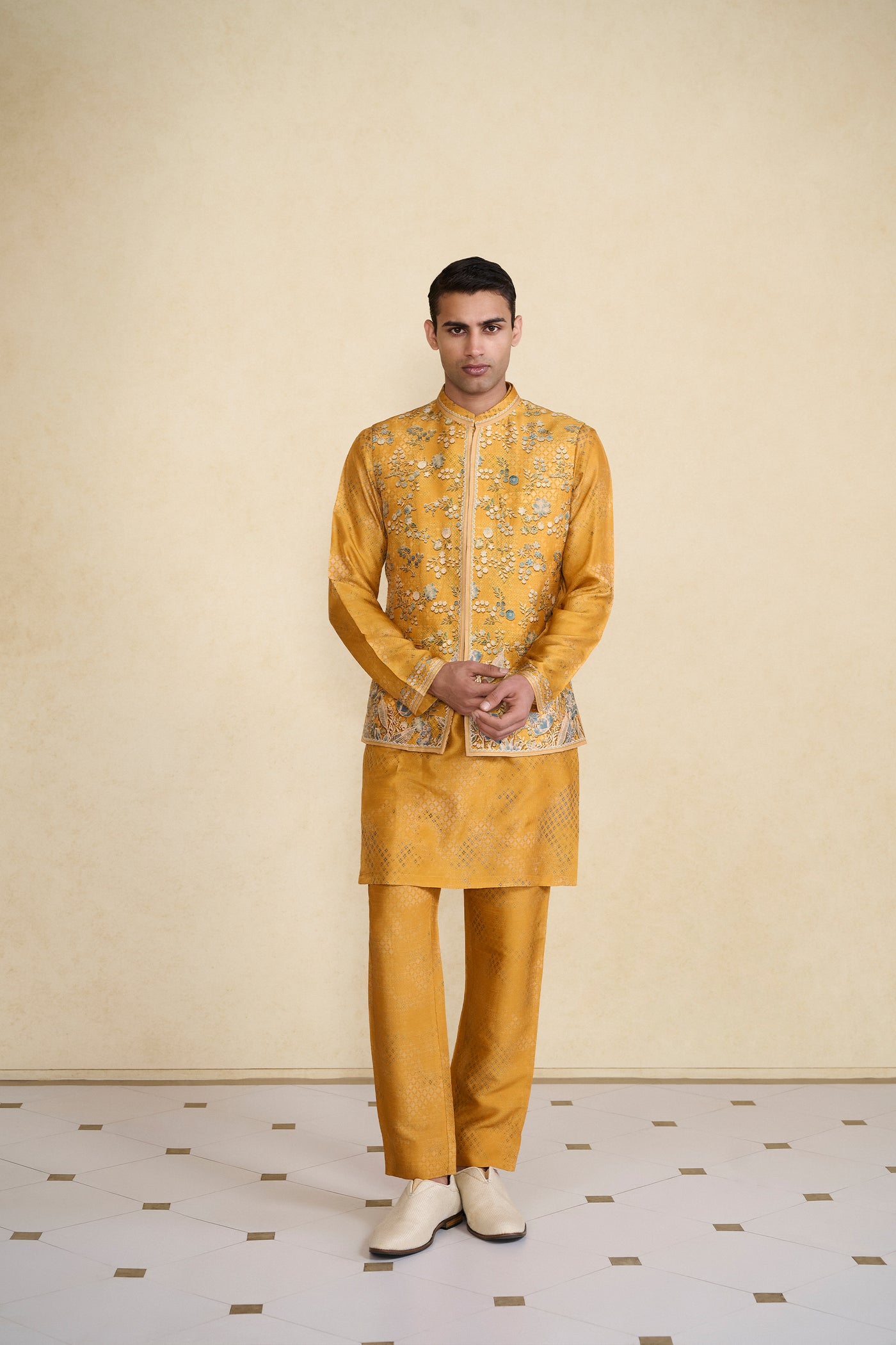Anita Dongre Menswear Zarghun Printed Silk Nehru Jacket Mustard indian designer wear online shopping melange singapore