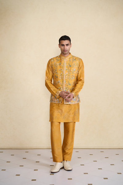 Anita Dongre Menswear Zarghun Printed Silk Nehru Jacket Mustard indian designer wear online shopping melange singapore