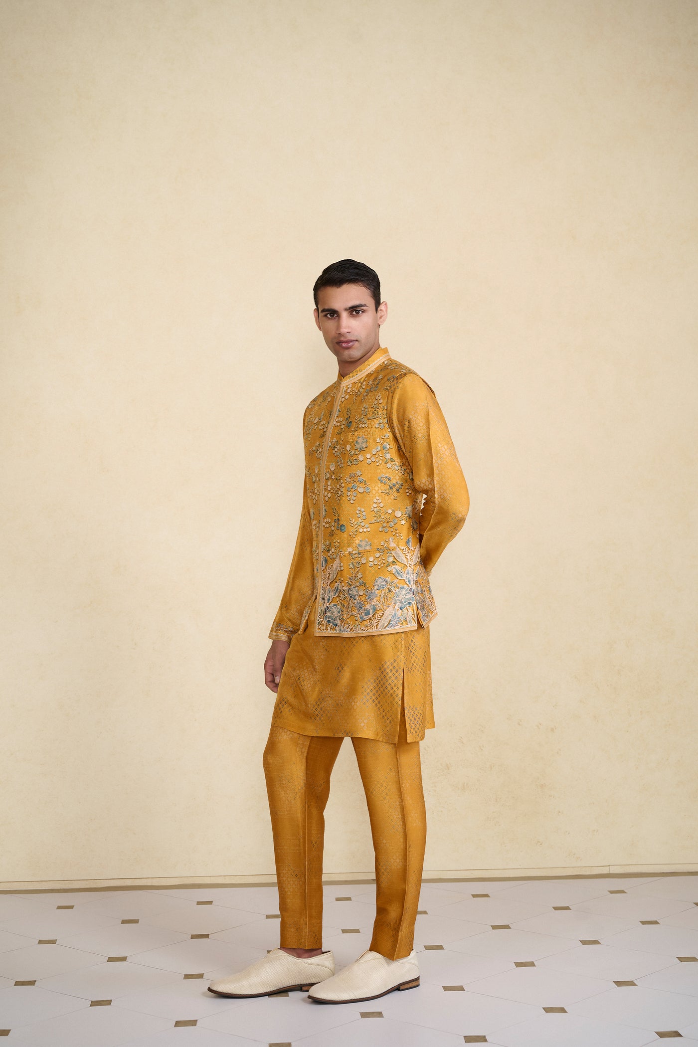 Anita Dongre Menswear Zarghun Printed Silk Nehru Jacket Mustard indian designer wear online shopping melange singapore