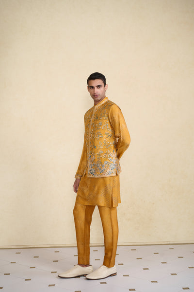 Anita Dongre Menswear Zarghun Printed Silk Nehru Jacket Mustard indian designer wear online shopping melange singapore