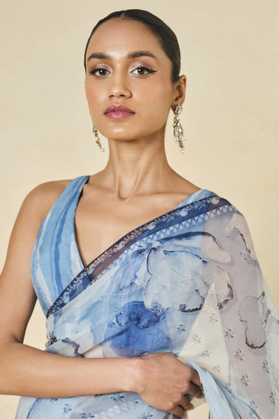 Anita Dongre Mizani Printed Saree Blue indian designer wear online shopping melange singapore