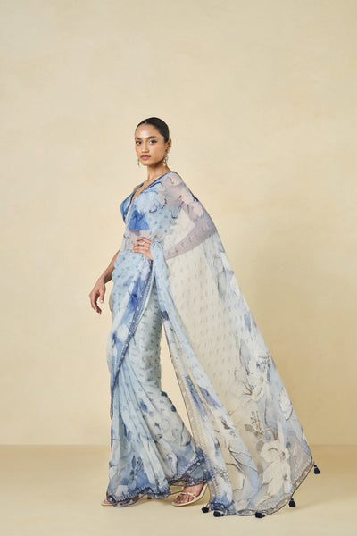 Anita Dongre Mizani Printed Saree Blue indian designer wear online shopping melange singapore