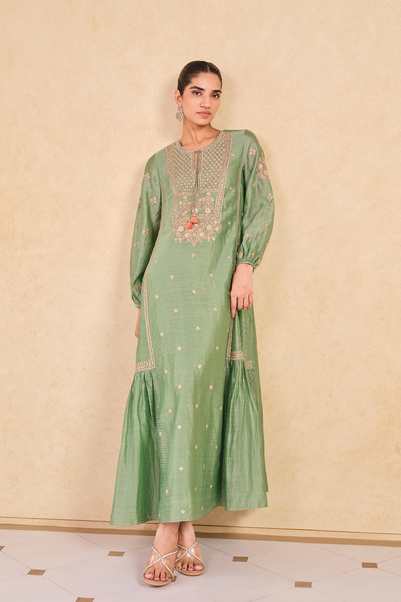 Anita Dongre Molopo Embroidered Zardozi Mul Kaftan Sage indian designer wear online shopping melange singapore
