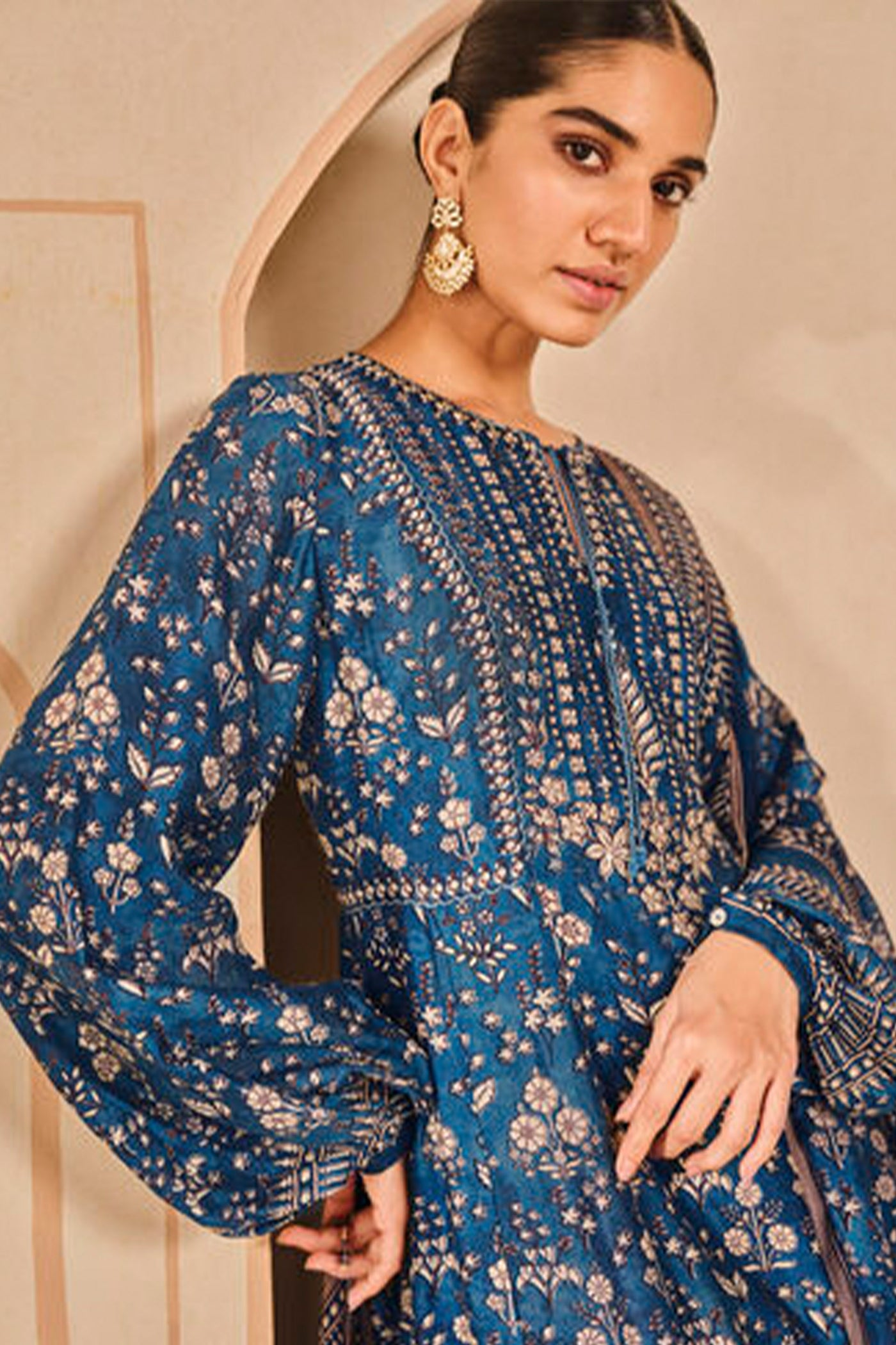 Anita Dongre Niral Printed Silk Anarkali Set Blue indian designer wear online shopping melange singapore