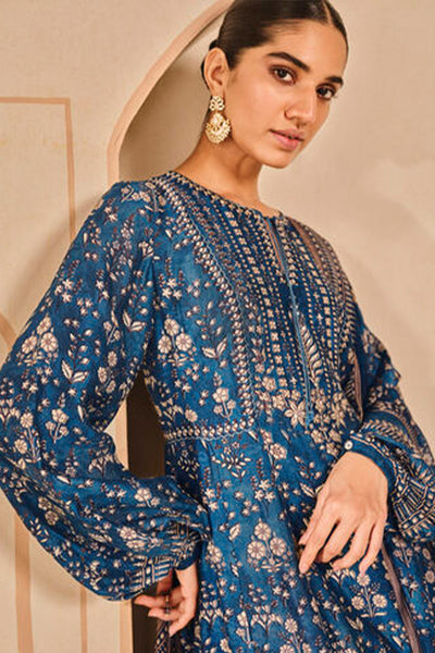 Anita Dongre Niral Printed Silk Anarkali Set Blue indian designer wear online shopping melange singapore