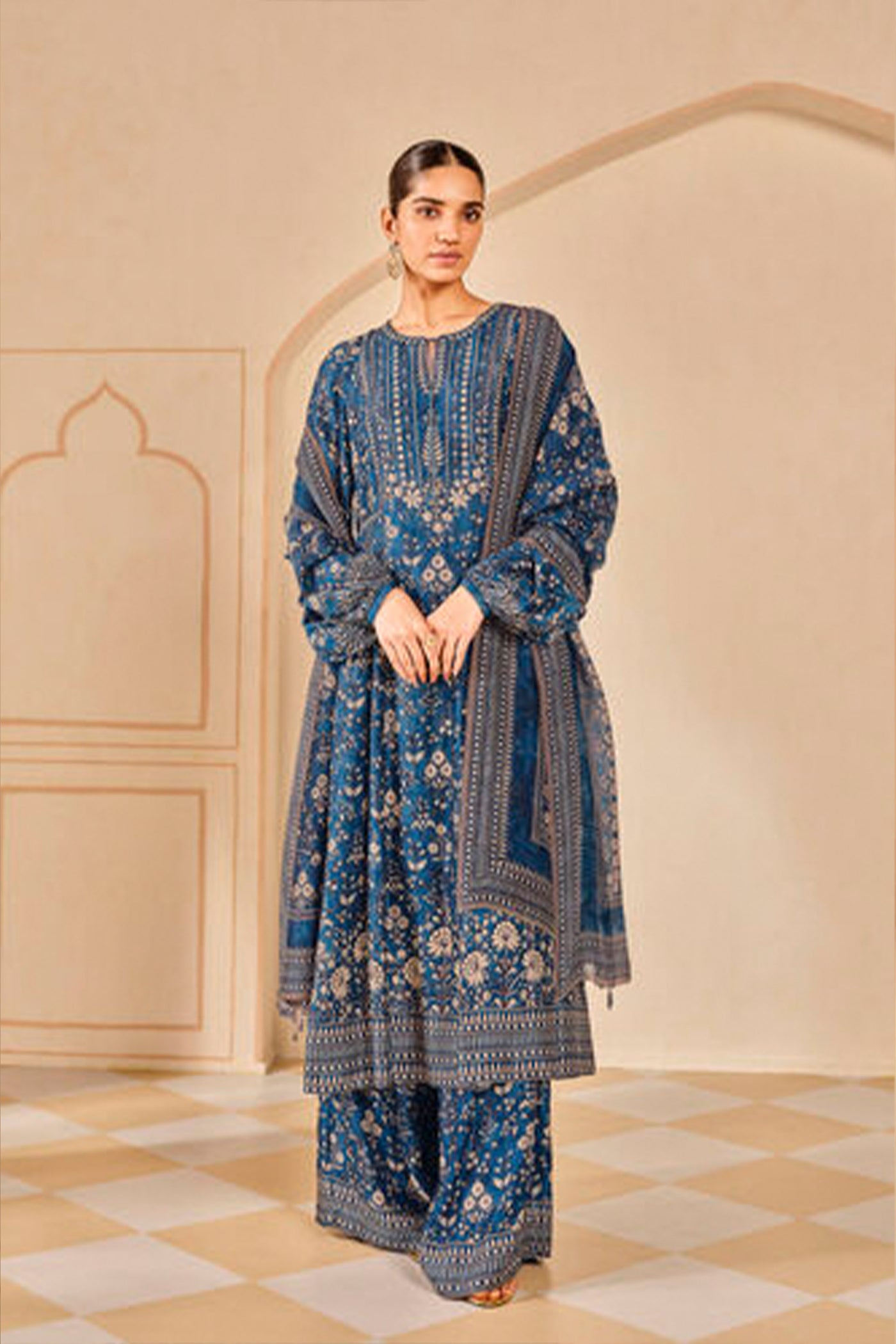 Anita Dongre Niral Printed Silk Anarkali Set Blue indian designer wear online shopping melange singapore