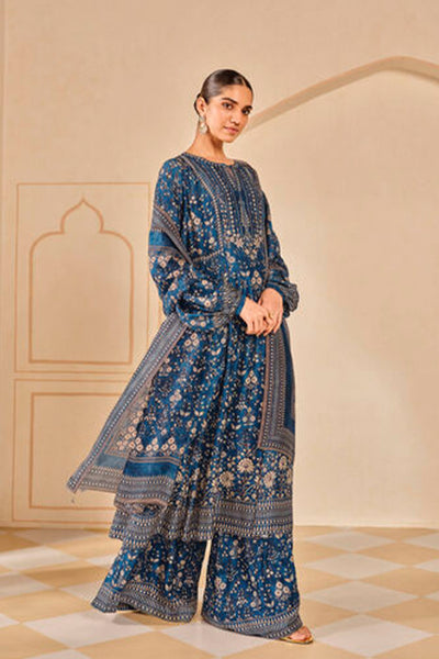 Anita Dongre Niral Printed Silk Anarkali Set Blue indian designer wear online shopping melange singapore